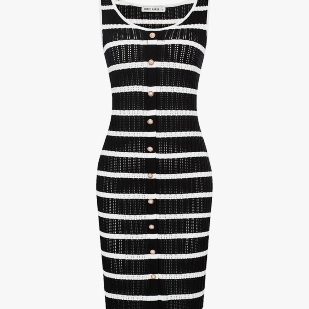 Grace Karin Monochrome Striped Dress Small